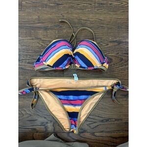 Aerie Striped Push Up Bikini Swimsuit Underwire 38D Large Tie Bottoms